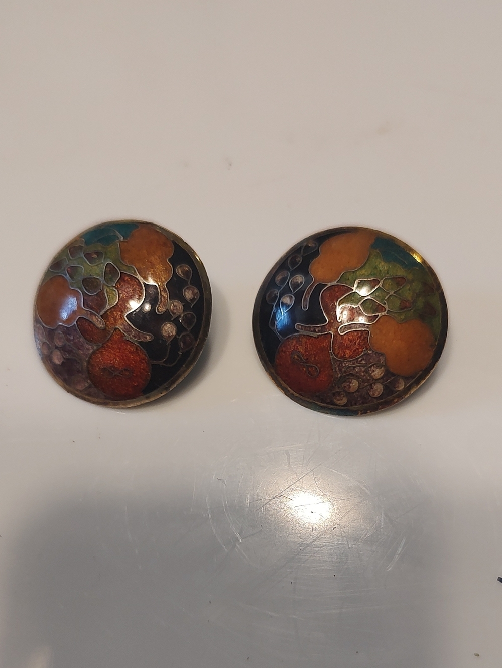 vintage dome-style cloisonné enamel clip-on earrings with floral & fruit Mosaic